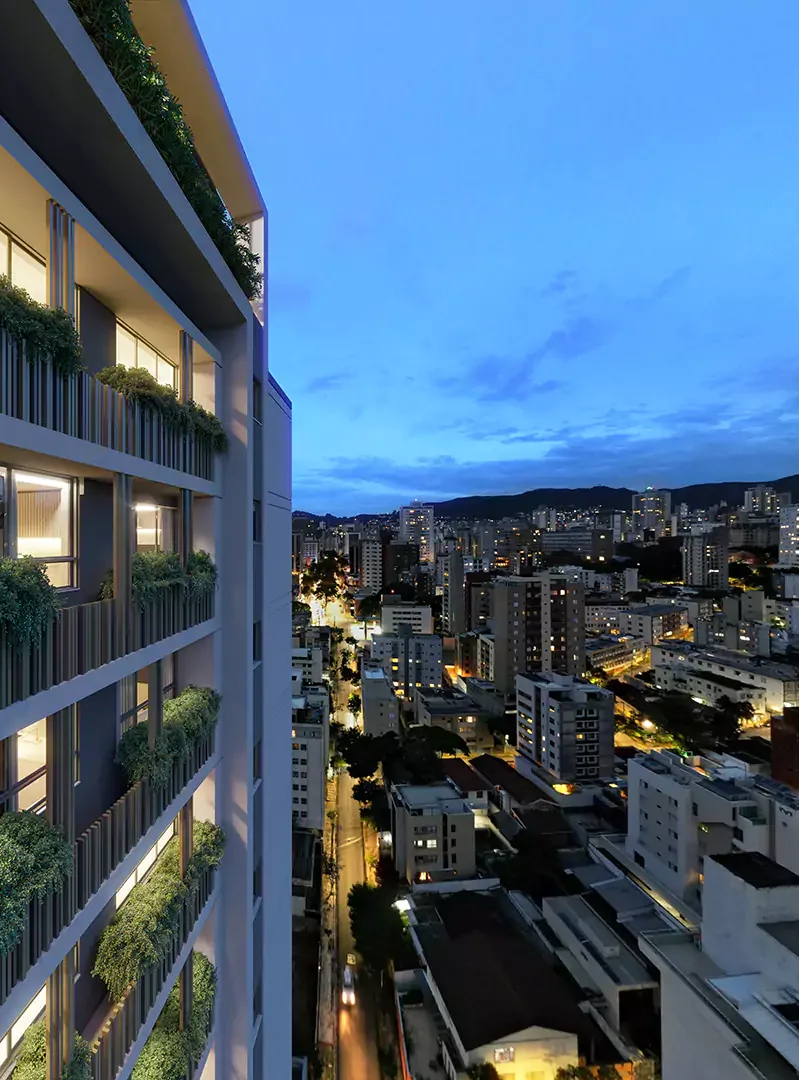 Fachada do Vision com vegetação nas varandas